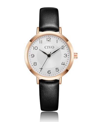 CIVO Damen Uhr Klein Wasserdicht Analog Quarz Armbanduhr Damen Lederarmband Minimalistisch Kreative Uhr für Frauen Schwarz