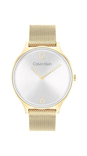 Calvin Klein Analog Quarzuhr für Damen mit Gelbgoldfarbenes Edelstahl-Mesh-Gliederarmband - 25200003