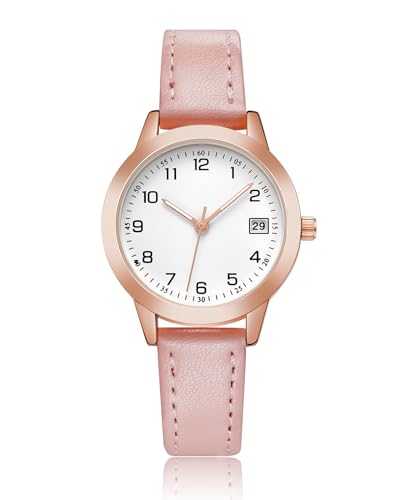 CIVO Damen-Uhr Rosa-Leder Damenuhr-Analog Wasserdicht-Klein - Ziffernblatt Design Armbanduhr Frauen Quarz Datum Elegant Damenuhren