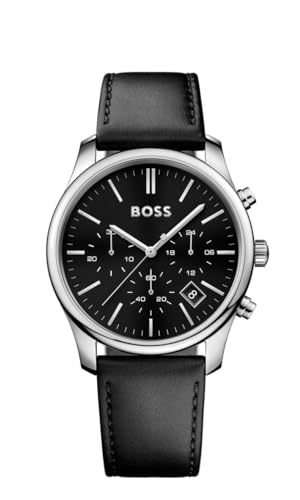 BOSS Herrenchronograph 42 mm Quarz-Uhr Collection TIME ONE mit Schwarzem Zifferblatt, Schwarzem Lederarmband, Datumsfunktion, 3 Hilfszifferblätter, 5ATM Wasserdichtigkeit - 1513430