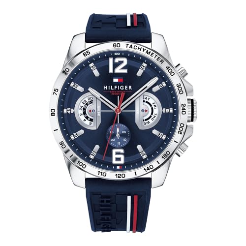 Tommy Hilfiger Herren 46mm Analoge Multifunktions-Quarz-Uhr - Marineblaues Zifferblatt und Marineblaues Silikonarmband, 3 Hilfszifferblätter, Wasserdicht bis 5ATM - 1791476