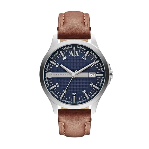 Armani Exchange Uhr für Herren , DreizeigerDatumswerk, 46mm Silber / Stahl Edelstahlgehäuse mit einem Lederarmband, AX2133