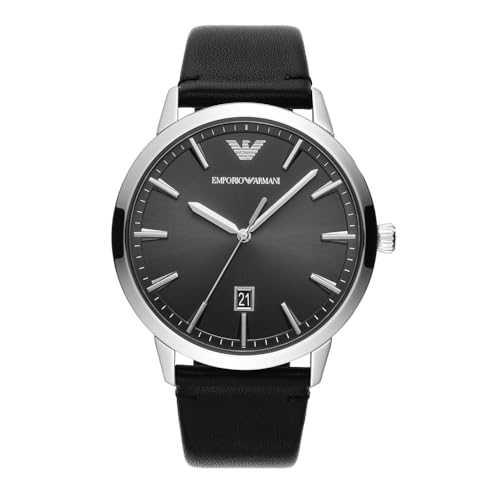 Emporio Armani Uhr für Herren , DreizeigerDatumswerk, 43mm Silbernes Edelstahlgehäuse mit Lederarmband, AR11193, Grau