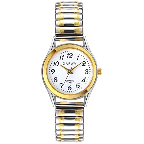 JewelryWe Damen Armbanduhr, Elegant Analog Quarz Uhr mit Digital Zifferblatt und Elastisch Legierung Armband Gold/Slber