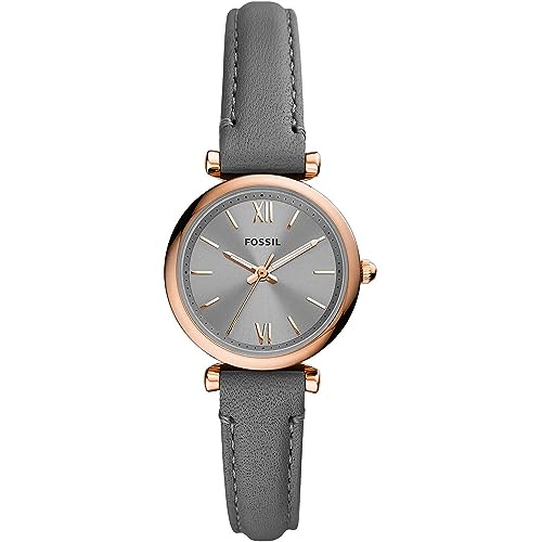 Fossil Damenuhr Carlie Mini, Quarzwerk, 28mm Rose Gold Edelstahlgehäuse mit Lederarmband, ES5068