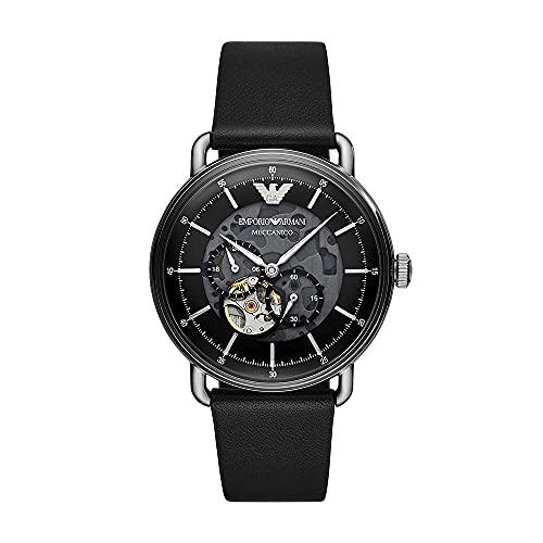 Emporio Armani Uhr für Herren , Automatikwerk, 43mm Silbernes Edelstahlgehäuse mit Lederarmband, AR60026