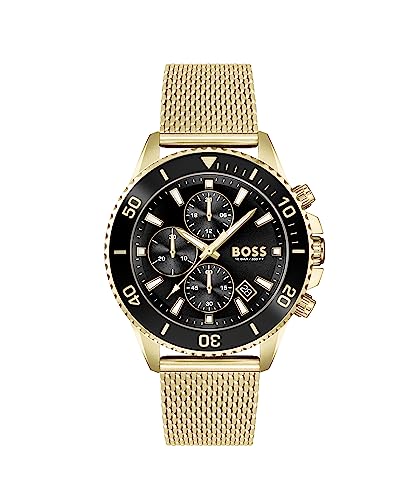 BOSS Chronograph Quarz Uhr für Herren mit Gelbgoldfarbenes Edelstahl-Mesh-Gliederarmband - 1513906