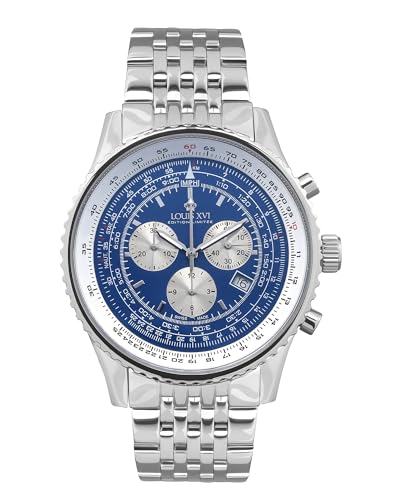LOUIS XVI Artagnan 581 - Ø 47,5 mm - Herren Uhr - Wasserdicht - Uhr mit Saphirglas - Armband Silber - Zifferblatt Blau - Schweizer Quarzwerk