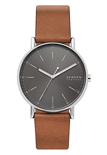 Skagen Herrenuhr Signatur, Dreizeiger Uhrwerk, 40mm Silbernes Edelstahlgehäuse mit Lederarmband, SKW6578