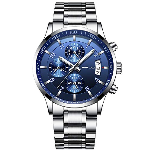 CRRJU Herren Uhr wasserdichte Chronographen Armbanduhr Männer Edelstahlarmband Business Analog Quarzuhr mit Kalender (A Blau)