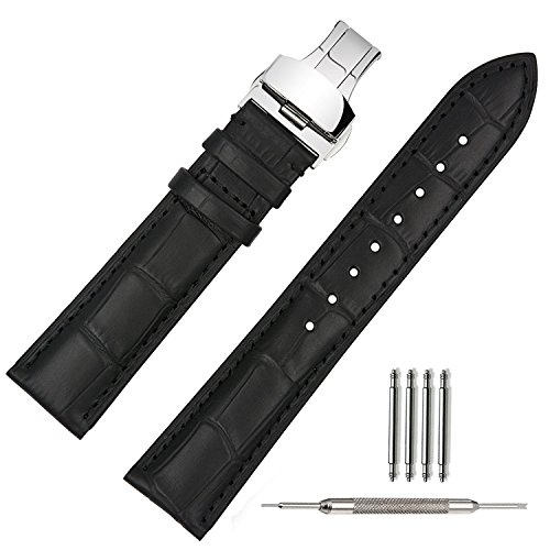 TStrap Uhrenarmband 20mm Leder - Armband Schwarz Herren - Lederarmband Uhrenband mit Edelstahl Faltschließe Faltschliesse - 18mm 19mm 21mm 22mm