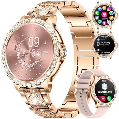 Smart Watch Frauen Bluetooth Anrufe für Android iOS Telefon Sport Fitness Activity Tracker Weiblich 1,32' HD Full Touch Screen Herzfrequenz Schlaf Monitor Diamant Damen Rose Gold Stahl Smartwatch