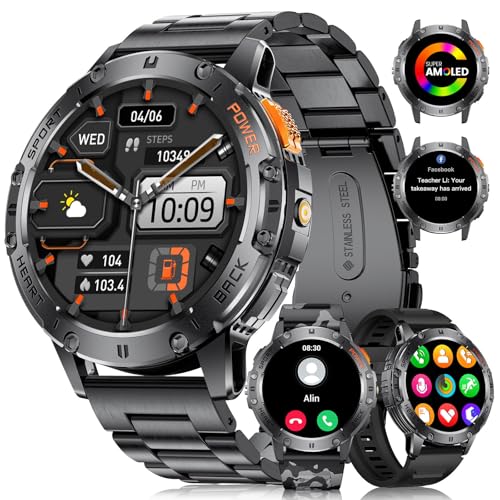 DREMAC Smartwatch Herren Militär,530 mAh Akku/1,43'' Amoled-Sportuhr mit Taschenlampe/3 Armbänders,120+ Sportmodi,IP68 Wasserdicht Fitnessuhr mit 24/7 Herzfrequenz,SpO2,Schlafmonitor für Android iOS