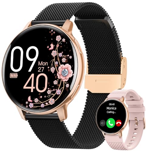 HASAKEI Smartwatch Damen, 1,39' HD Touchscreen Damenuhr Rund mit Telefonfunktion/Menstruationszyklus, 24H Herzfrequenz/SpO2/Schlafmonitor, Wasserdicht IP68 Schrittzähler Android iOS Roségold Schwarz