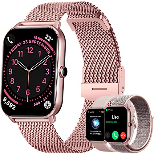 Dachma Android Smartwatch Damen - 1.85' Uhr mit Whatsapp Funktion Damen mit telefonfunktion Uhren smart Watch damenuhren + 3 Armbander, Rosa