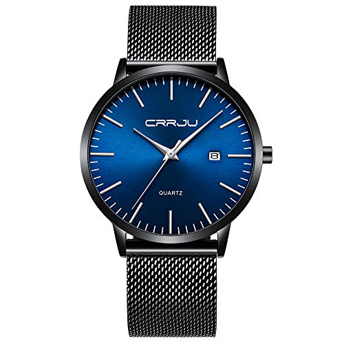 CRRJU Herren Uhr Ultra Dünne Wasserdicht Armbanduhr Herren Mode mit Schwarz Edelstahlband Mesh Analog Quarz Business Männer Uhren (Schwarz Blau Silber)